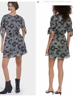 The Kooples Bandana Print Tie-Sleeve Mini Dress in Black & White Size 1 / Small